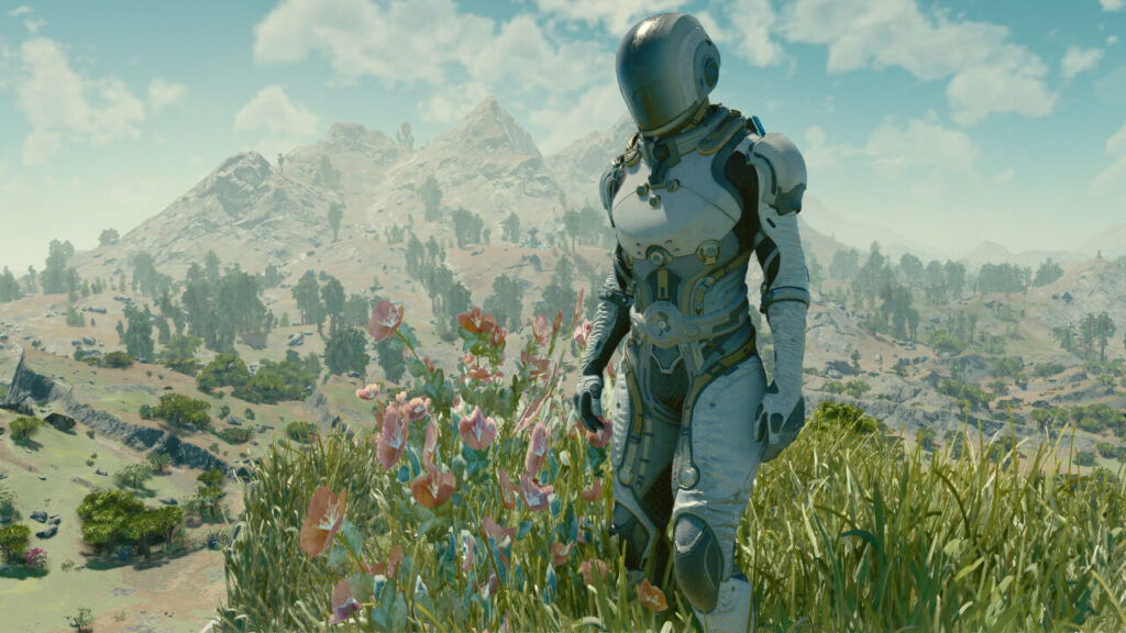 A character posing on a hilltop in Starfield