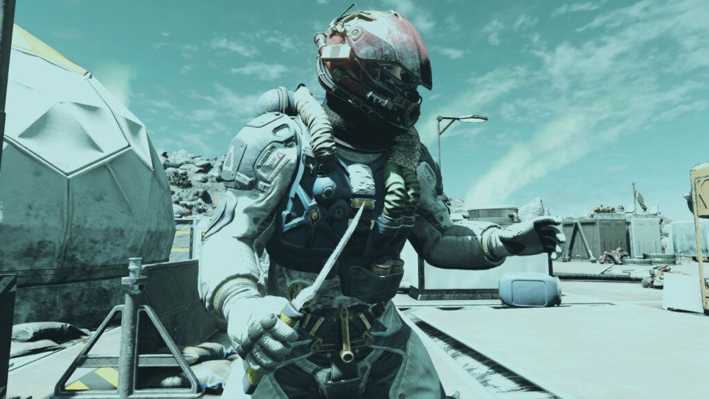 A character posing with a knife in Starfield