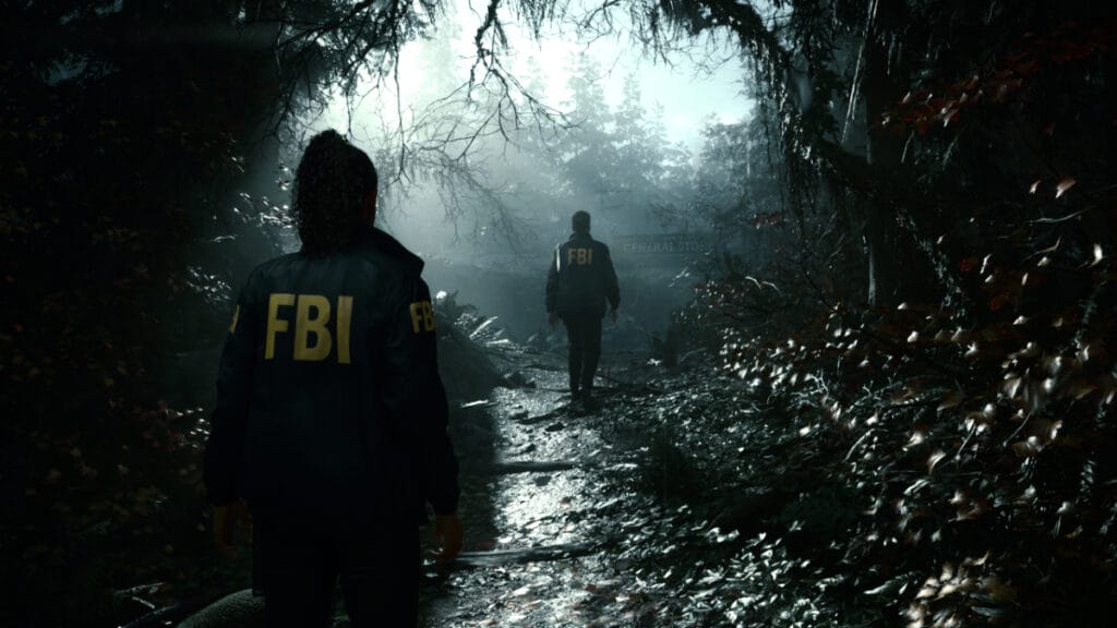 Saga and Casey approach a crime scene in Alan Wake 2