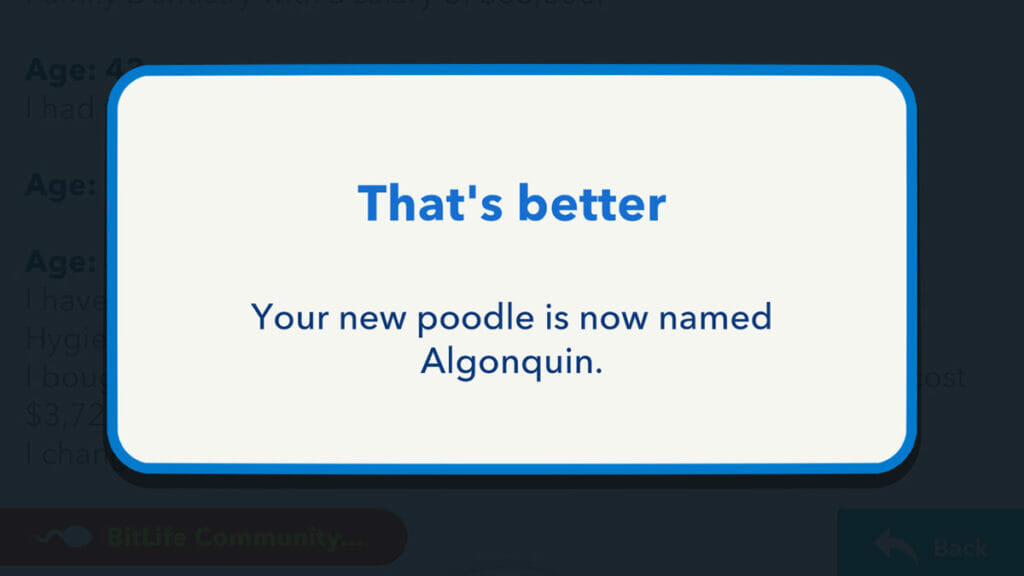 Have a Poodle NAmes Algonquin in BitLife Mistress of the Dark Challenge