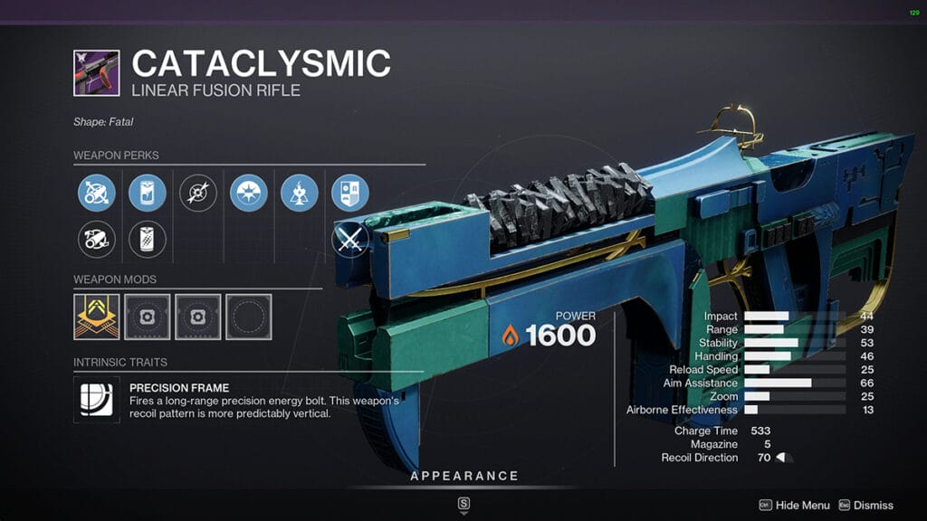 Destiny 2 Cataclysmic God Roll Stats