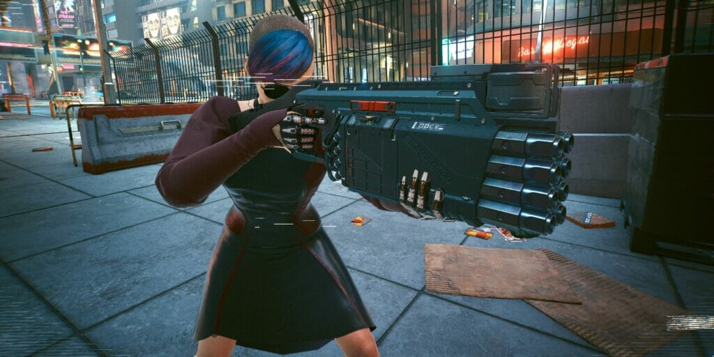 V brandishing a Smart Shotgun in Cyberpunk 2077