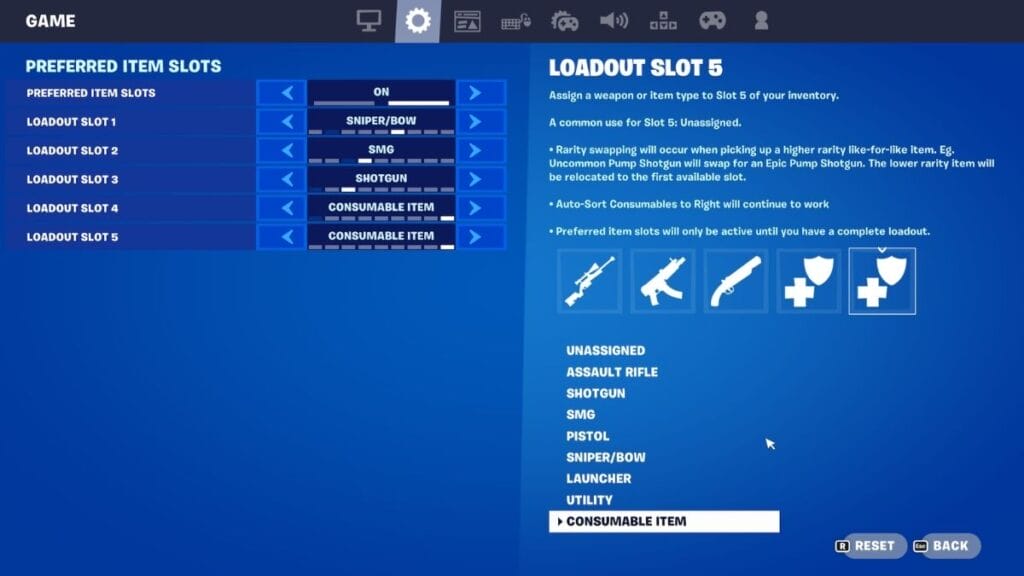 Fortnite Preferred Item Slots