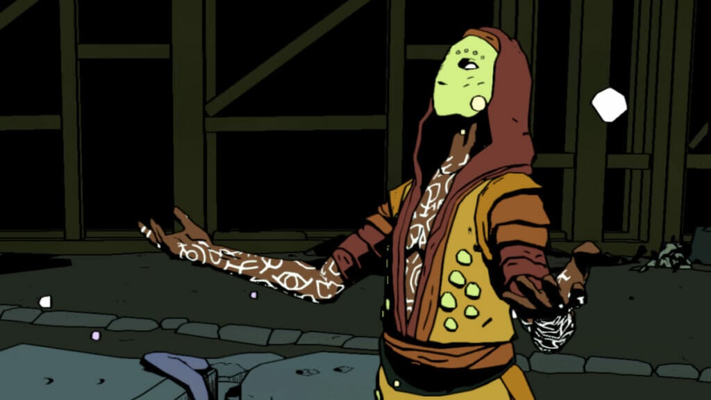 An NPC speaks to Hellboy in Hellboy: Web of Wyrd