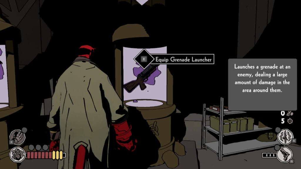 Hellboy looks at the Grenade Launcher in Hellboy: Web of Wyrd