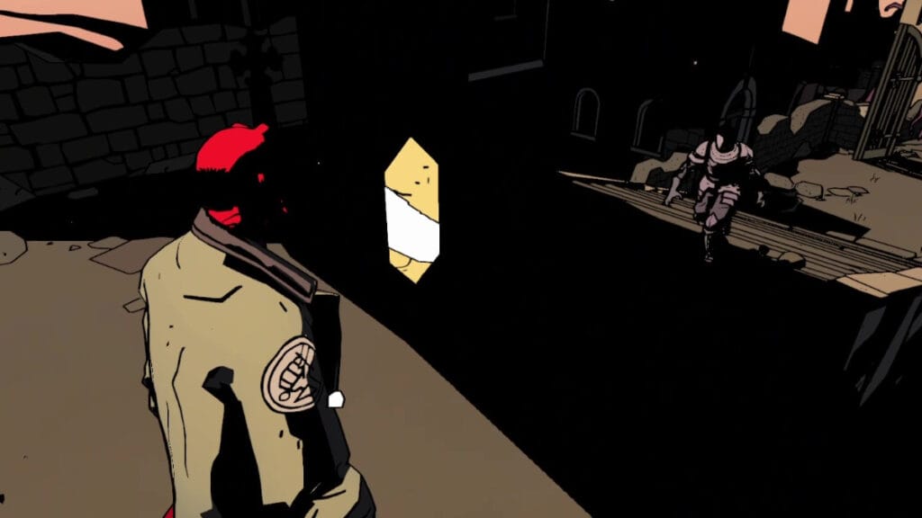 Hellboy looks at a coin in Hellboy: Web of Wyrd