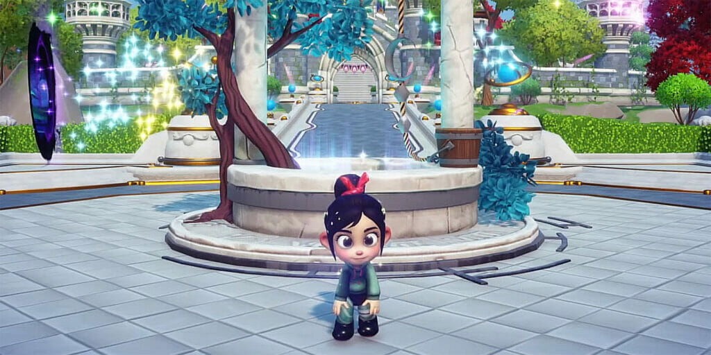 little girl in front of a fountain