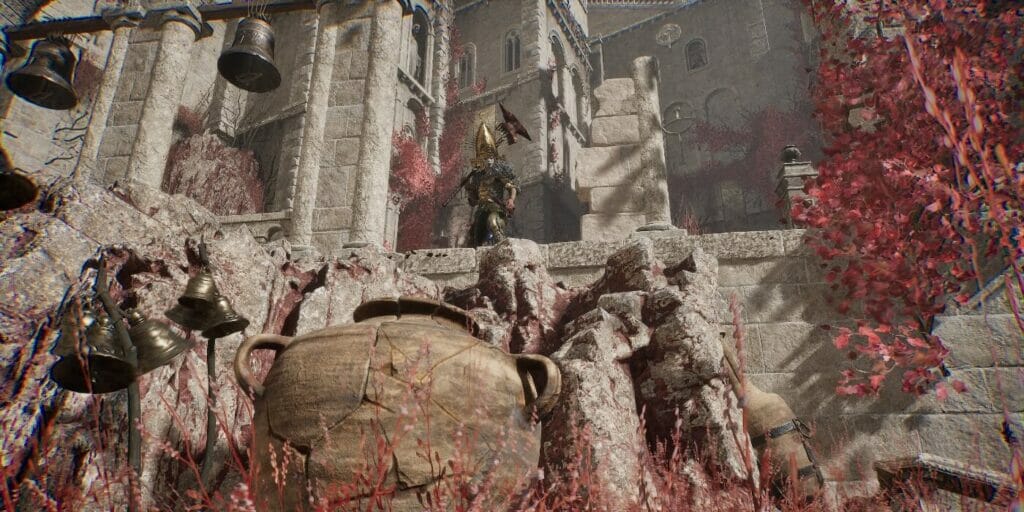 The Lampbearer stands in a crumbling abbey in Lords of the Fallen