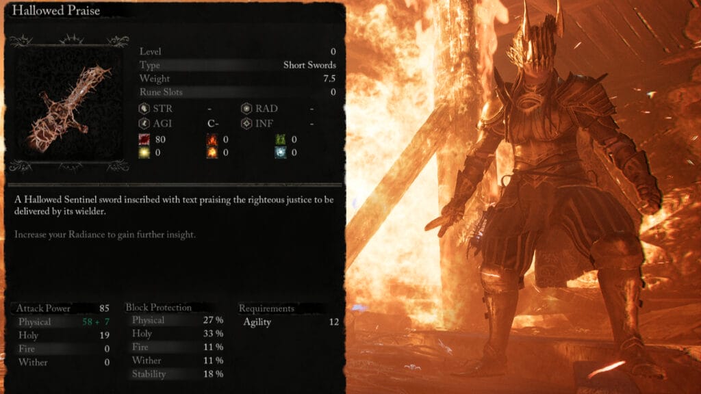 Hallowed Praise, one of the best Agility weapons in Lords of the Fallen