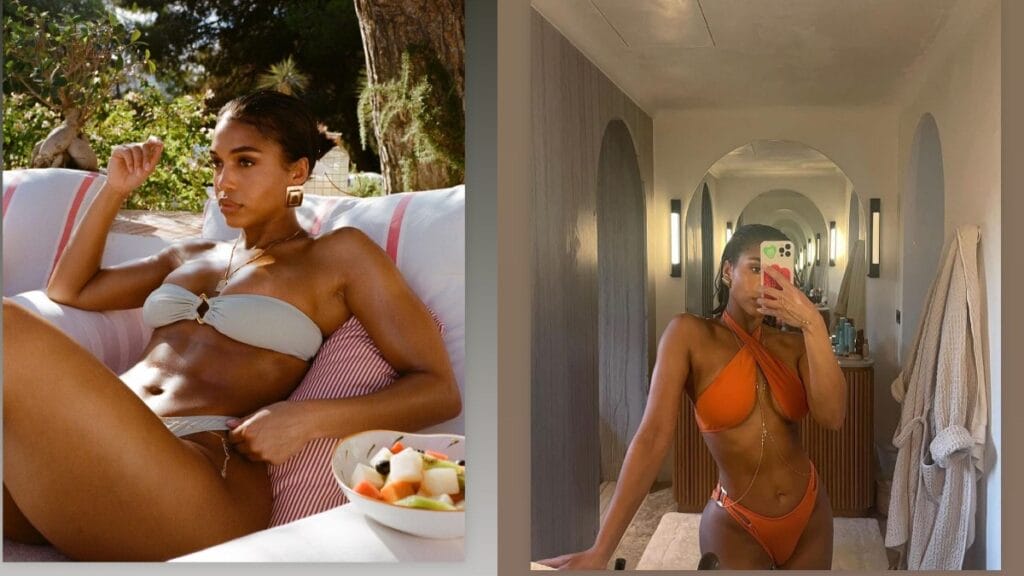 photos of Lori Harvey modeling swimwear pieces from Yevrah