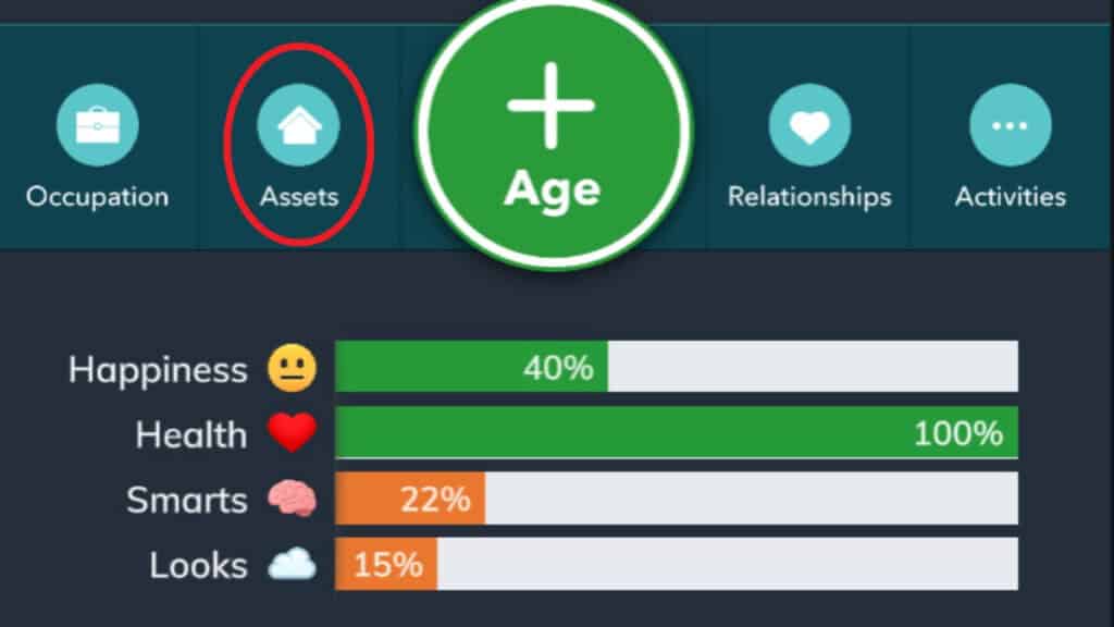 The assets tab circled in BitLife