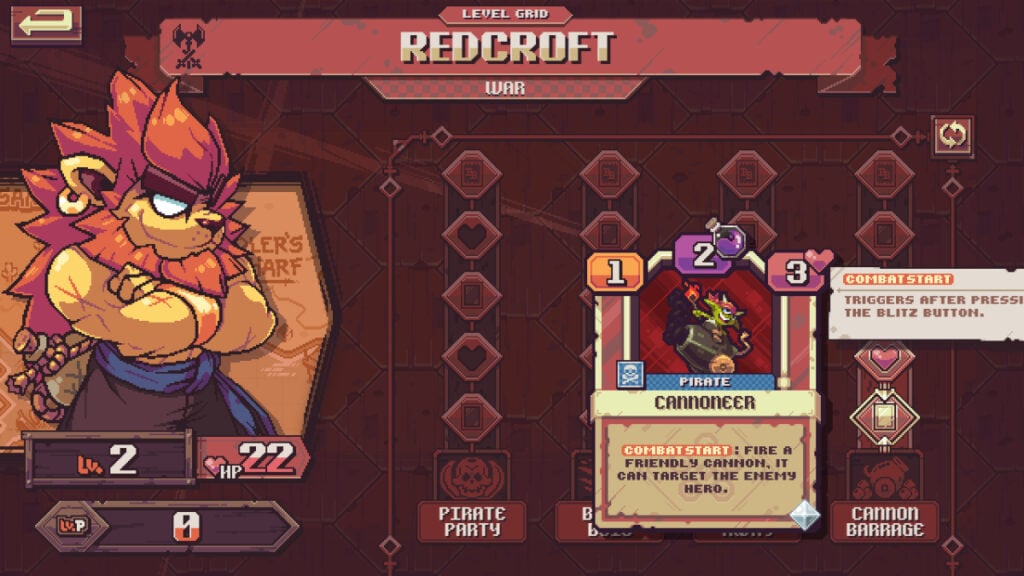 Redcroft's level up screen in Cross Blitz