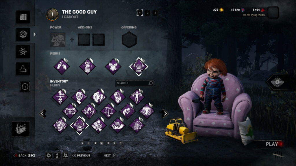 The perk screen featuring one of the best Chucky Builds in Dead by Daylight