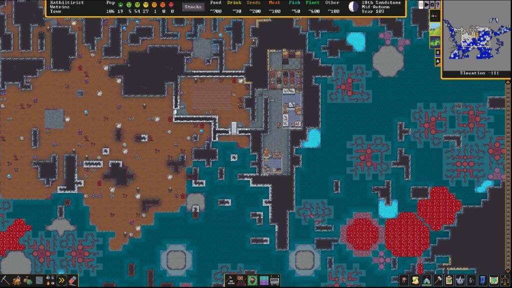 A sprawling base in Dwarf Fortress