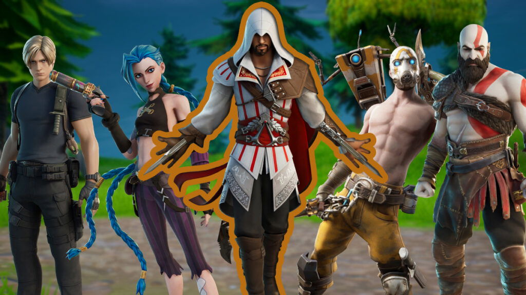 Feature image of Fortnite Gaming Legends Series Leon S. Kennedy, Arcane Jinx, Ezio Auditore, Psycho Bandit, and Kratos iconic Costume video game characters