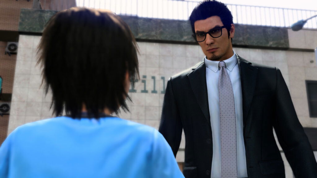 Kiryu talks to a boy in Like a Dragon Gaiden: The Man Who Erased His Name