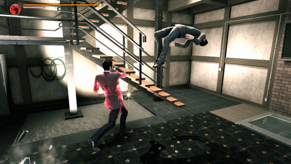 Kiryu uppercuts someone and sends them flying in Like a Dragon Gaiden: The Man Who Erased His Name