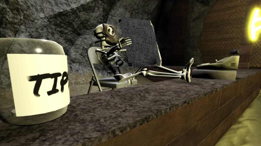 A skeleton sits with its feet up on a desk, reading the paper in Radiant Residents Roblox