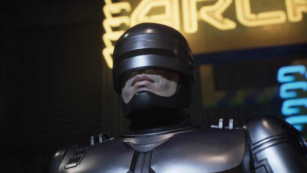 A close-up of RoboCop in RoboCop: Rogue City