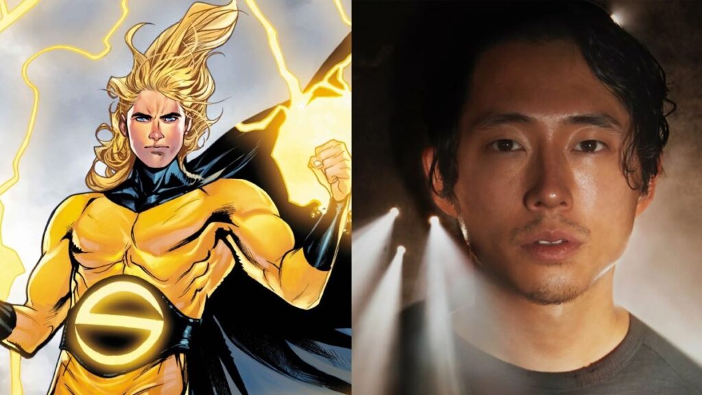 Steven Yeun next to Sentry from Marvel Comics