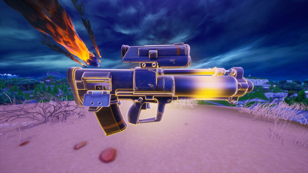 Feature image of "where to find Proximity Grenade Launcher in Fortnite OG" article that showcase the in-game model of the Proximity Grenade Launcher