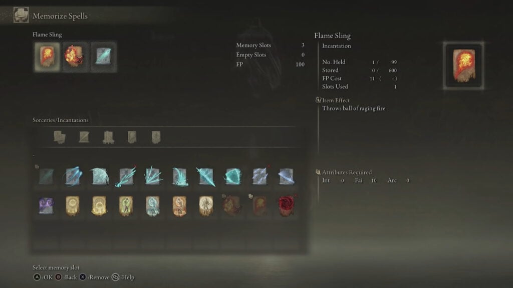 The Memorize Spell menu with Incantations in Elden Ring