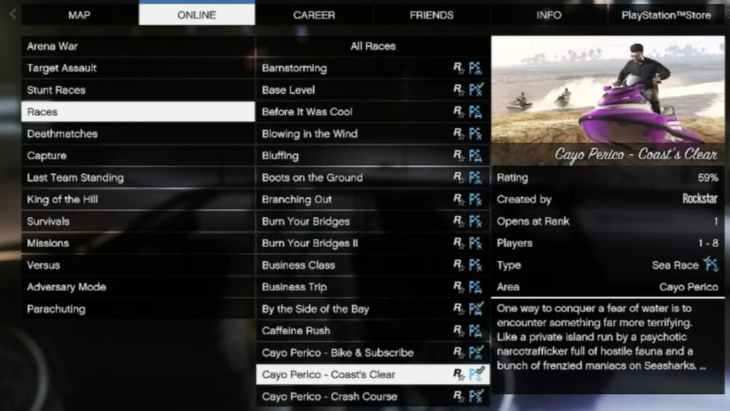 The race selection screen in GTA Online, part of turning of the snow