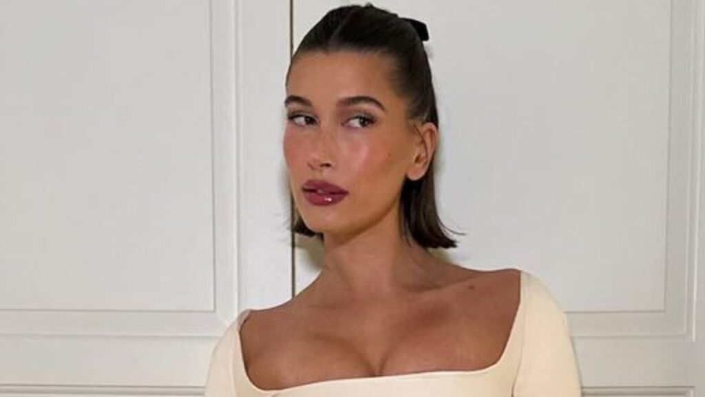 Hailey Bieber in a white dress