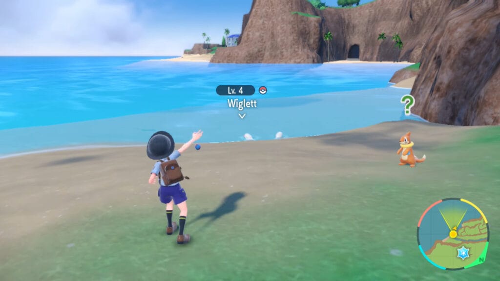 The player throws a Pokeball after sneaking up on a Pokemon in Pokemon Scarlet and Violet