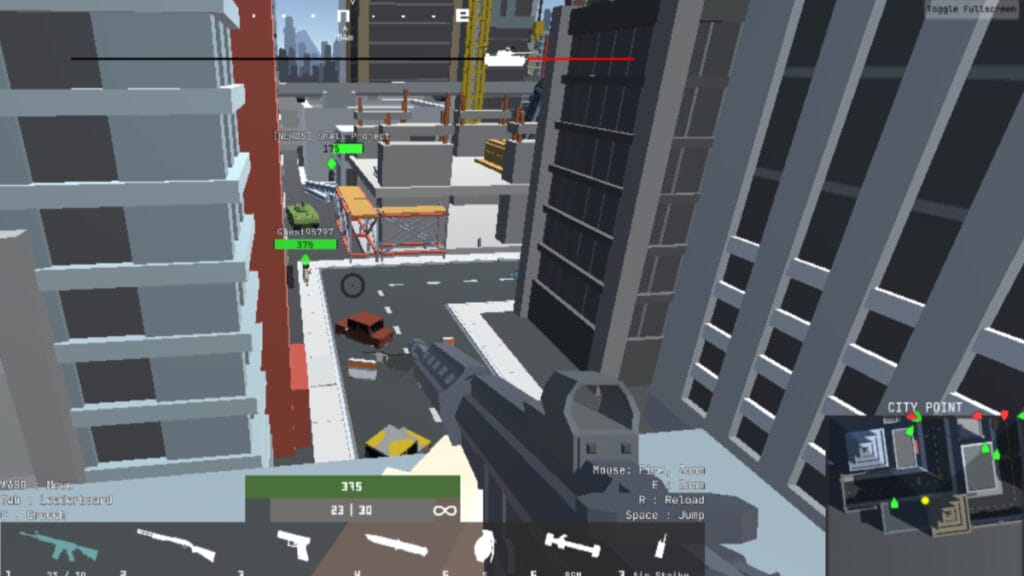 The player aims their rifle down on a street in War Brokers