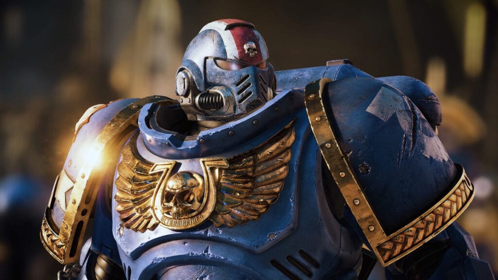 A close-up of a Space Marine in Warhammer 40,000: Space Marine 2