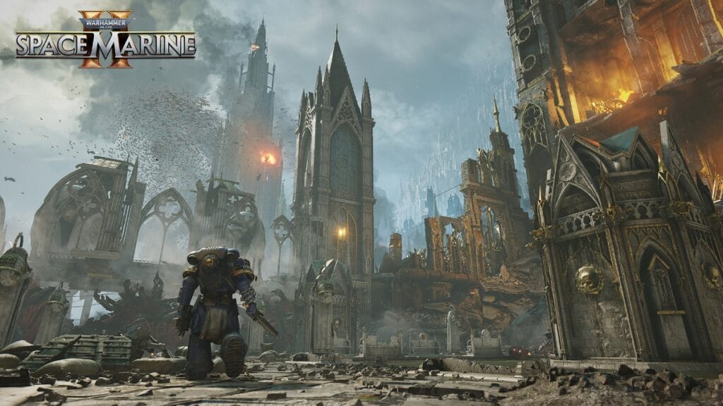 A Marine approaches a ruined cathedral in Warhammer 40,000: Space Marine 2