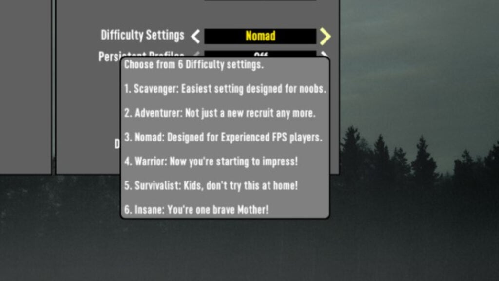 A menu displaying the various difficulty settings in 7 Days to Die