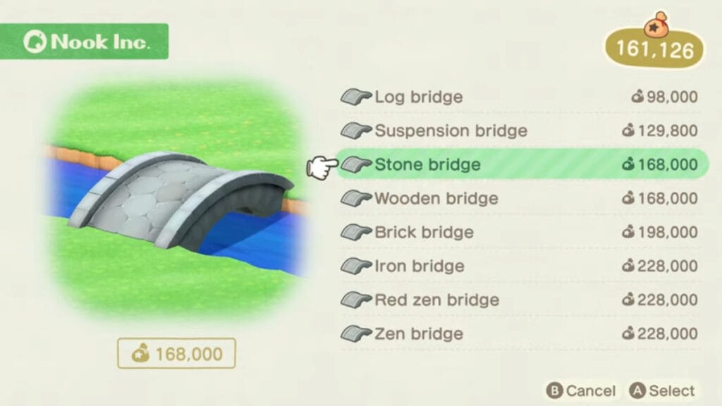 The bridges and their prices in Animal Crossing: New Horizons