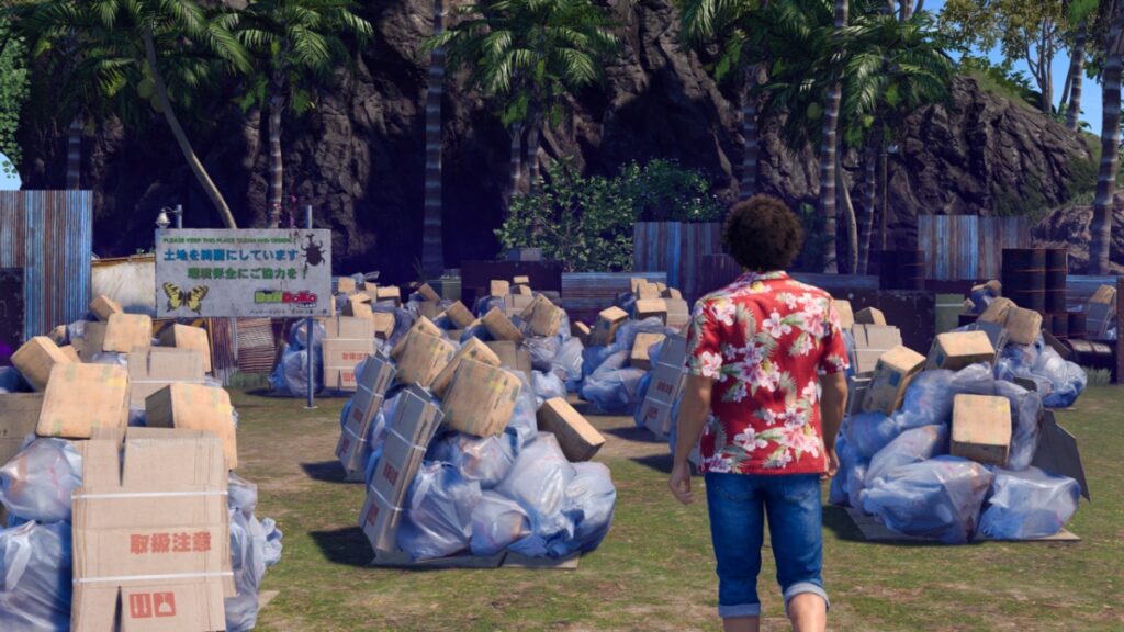 Kasuga looks at the trash  he needs to clean up on Dondoko Island