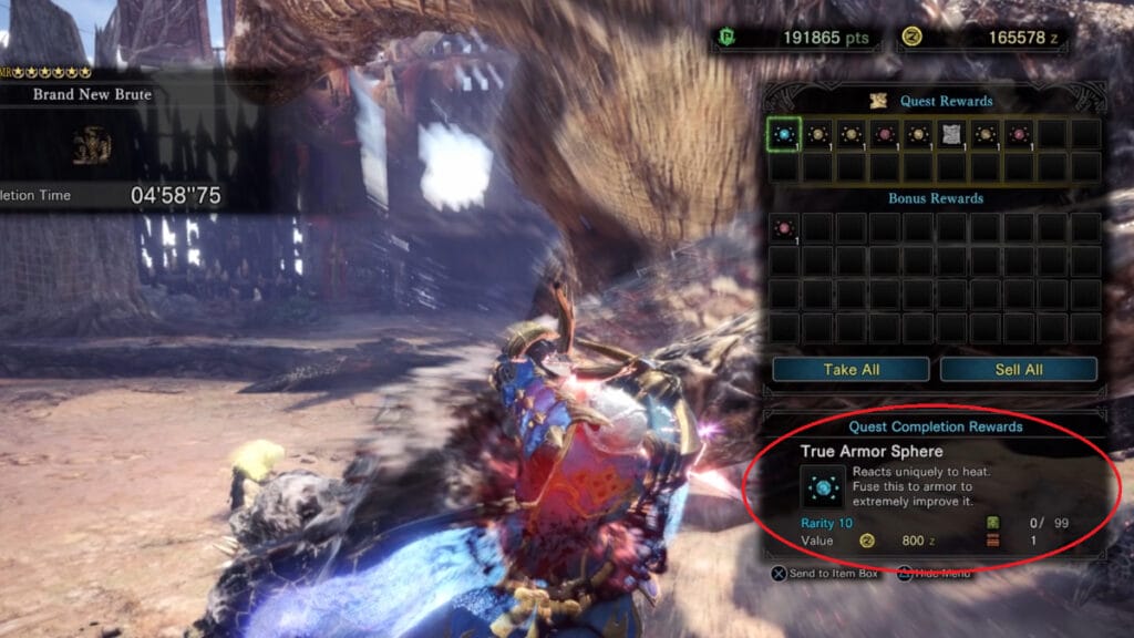 The player collects an Armor Sphere as a reward in MHW