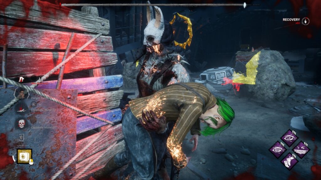 Huntress picks up a survivor beneath a pallet