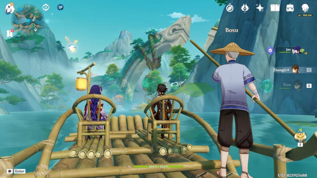 The player listens to Bosu sing during a boat ride in Genshin Impact