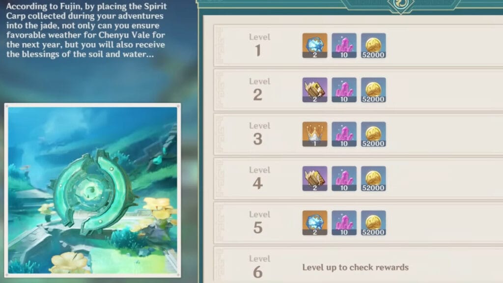 The rewards for delivering the Spirit Carp offerings in Genshin Impact