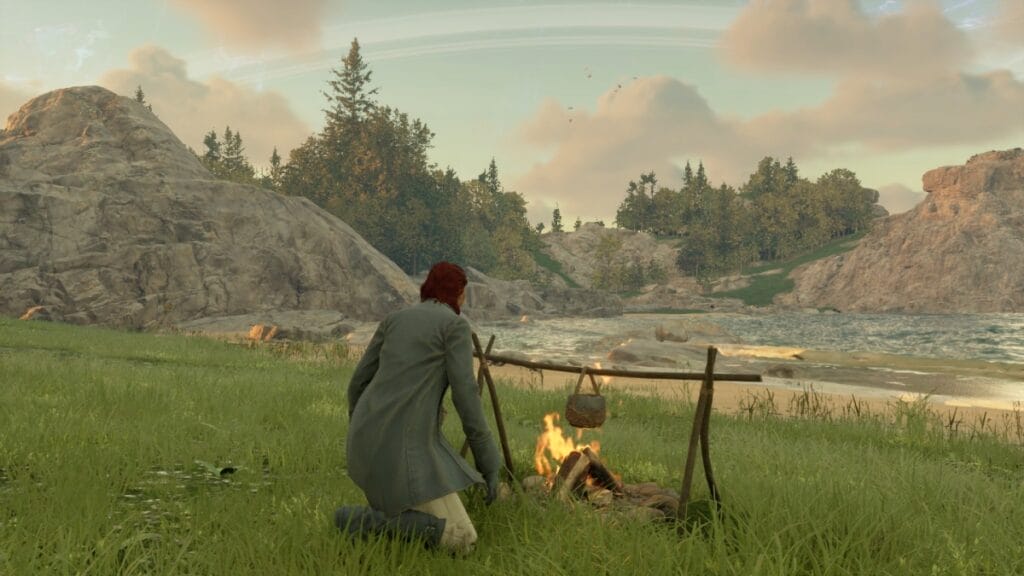 Nightingale character infront of a campfire