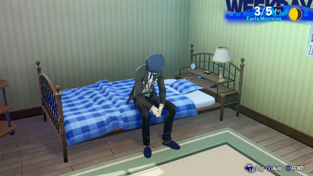 A character sits on the edge of his bed during the true ending of Persona 3: Reload