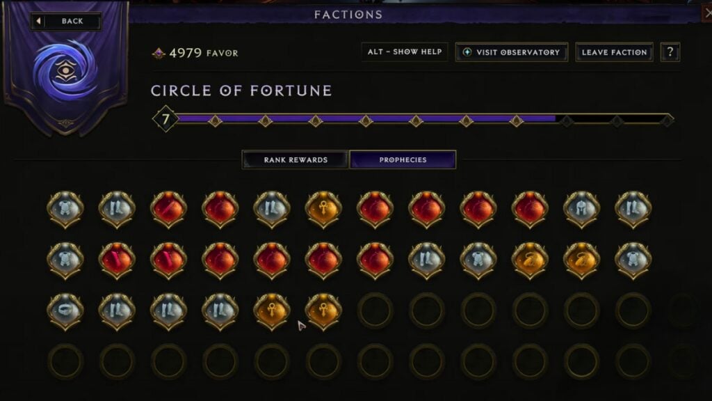 Prophecies Faction Menu in Last Epoch