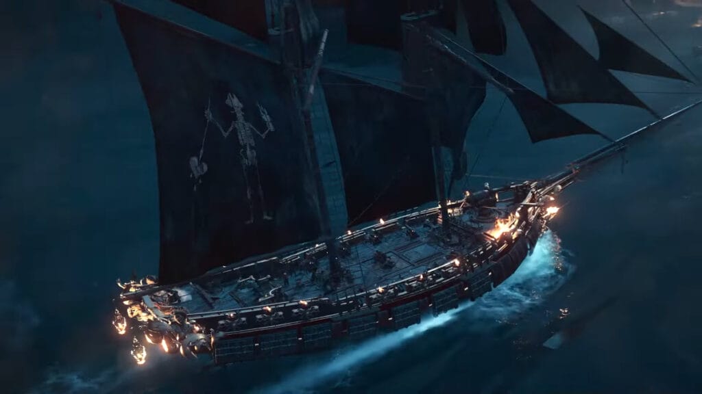 A ship with the pre-order bonus Ashen Corsair cosmetic in Skull and Bones