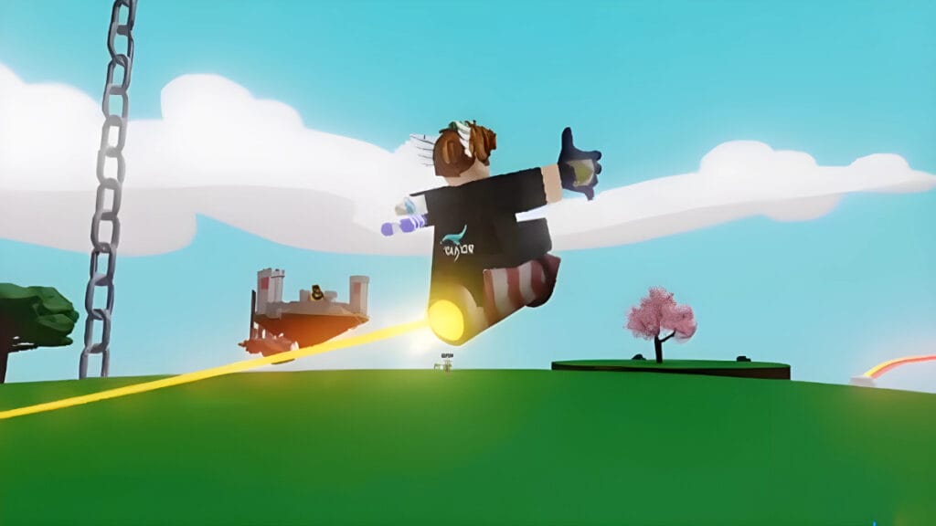 The player rides a firework using the Firework Glove in Slap Battles Roblox