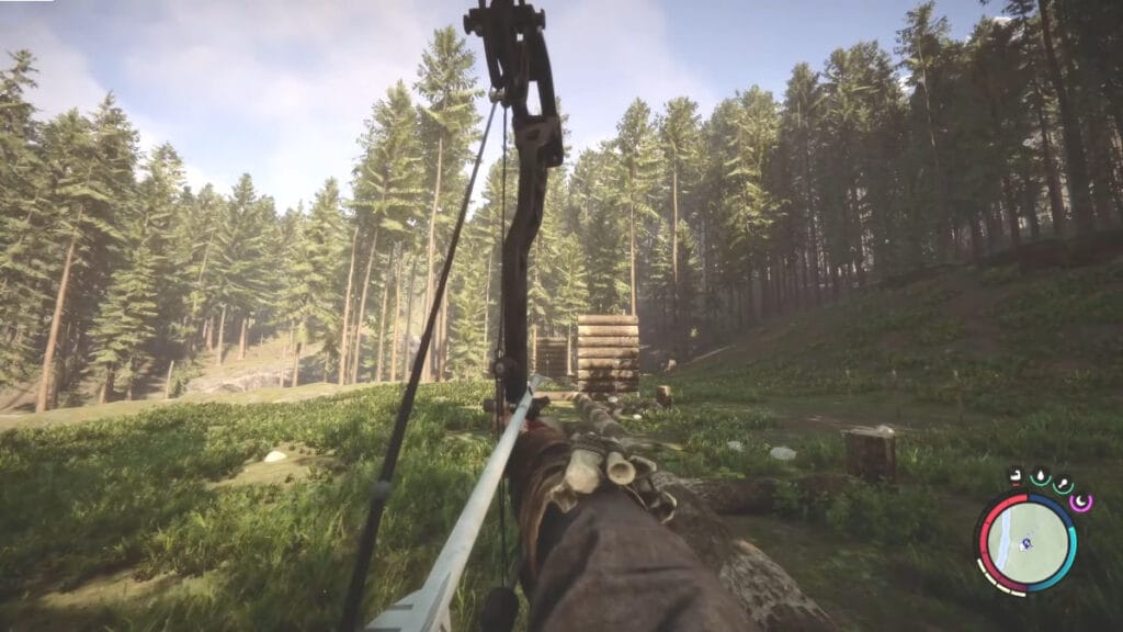 The player aims their bow at a bird in Sons of the Forest