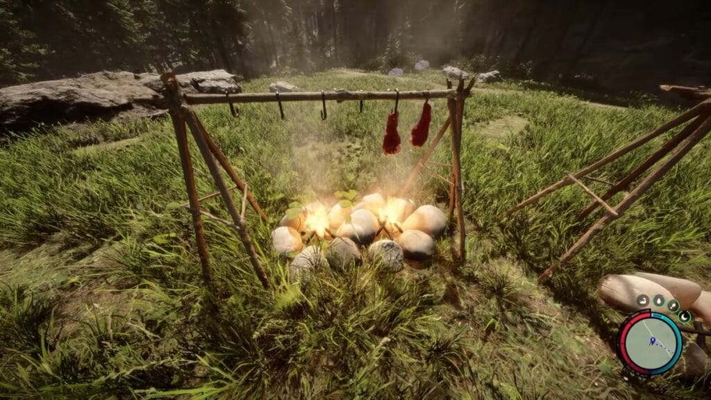 Meat dries on a drying rack over a campfire in Sons of the Forest