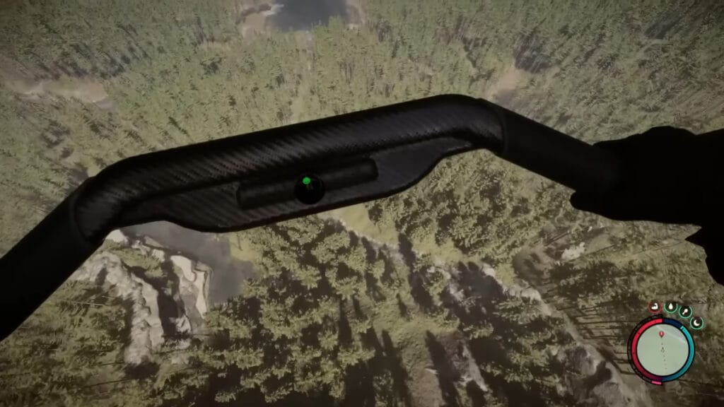 The player soars above the forest using a glider