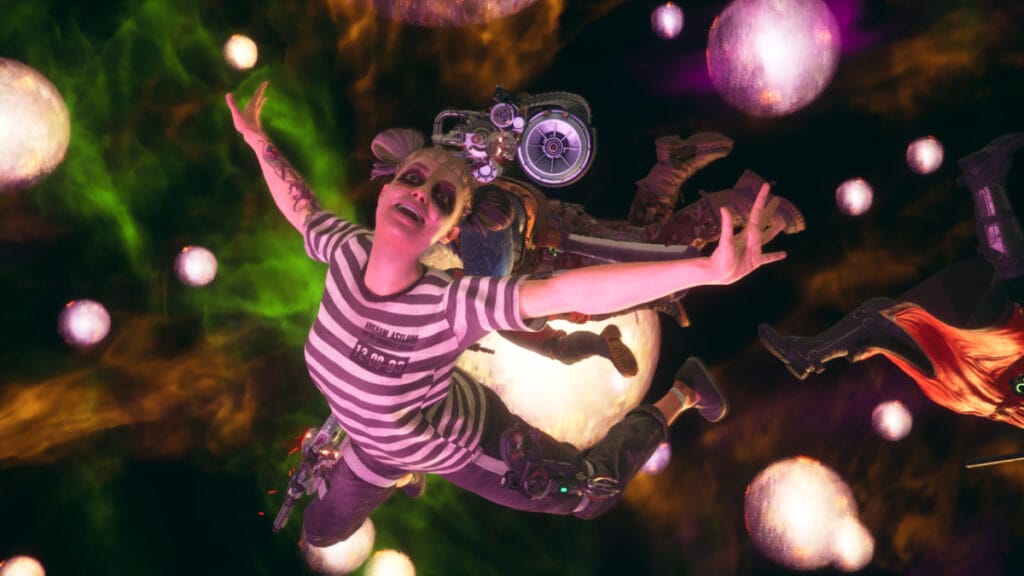 Harley Quinn floats through space