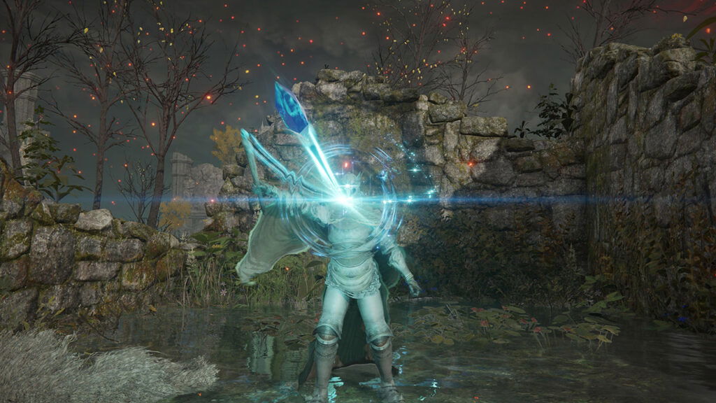 The Tarnished uses a catalyst to perform a simple spell in Elden Ring. 