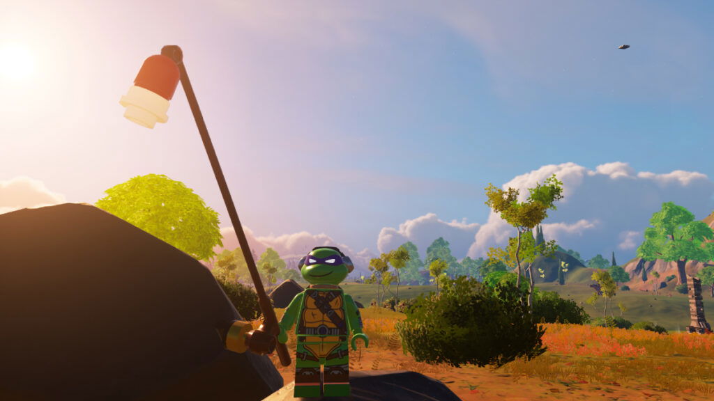 Lego TMNT Donatello character holding a fishing rod in Lego Fortnite